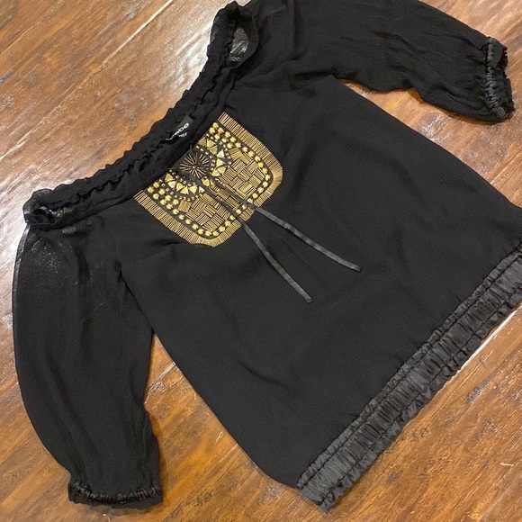 Bebe Black Off the Shoulder Silk Gold Beaded Front Blouse Women’s XS - Picture 4 of 7